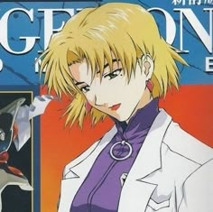 an anime character with blonde hair wearing a white suit and purple tie, standing in front of a blue background