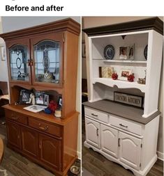 before and after pictures of an old hutch turned into a dining room china cabinet