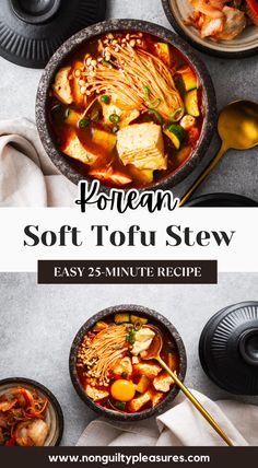 a bowl of korean soft tofu stew with chopsticks on the side and two bowls