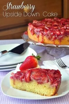 a slice of strawberry upside down cake on a plate