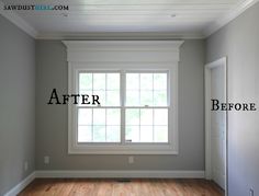 an empty room with hard wood floors and white trim on the windowsill, painted in light gray