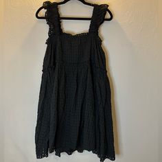 Black Short Shift Dress. Never Worn. Runs Large. Black Ruffled Sundress For Spring, Black Knee-length Sundress, Black Ruffled Midi Dress For Beach, Black Mini Sundress With Ruffles, Black Sundress With Ruffles, Black Knee-length Sundress Mini Dress, Black Sleeveless Sundress For Date Night, Black Ruffled Mini Sundress, Black Ruffled Sundress