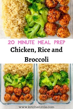 chicken, rice and broccoli meal in plastic containers with the words 20 minute meal prep