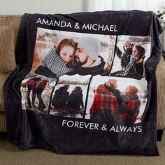 a personalized blanket with four photos on it and the words, forever & alwayss