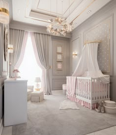 a baby's room with a crib and chandelier