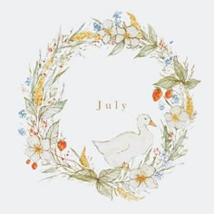 a watercolor painting of a duck surrounded by flowers and leaves with the word july written in large letters