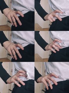 four pictures of the same person's hands with tattoos on their arms and fingers