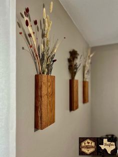 three wooden vases with dried flowers in them on the wall next to each other