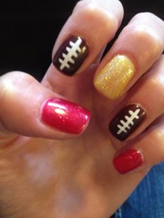 Chiefs Nation NFL Nail art Nails Shellac 2013 Red Gold Football Jocosa Salon 2012 Nails, Chiefs Nails, Nfl Nails, Gold Football, Nails Shellac, Shellac Nails