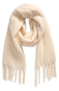 A brushed finish brings up the warmth and softness of this jauntily fringed scarf in a generous size that wraps you up easily in its cozy embrace. 18" x 90" 100% polyester Machine wash, tumble dry Imported Outfit Mood Board, Thick Scarf, Big Scarf, Cold Weather Outfit, Yellow Scarf, Woven Scarves, Clothing Staples, Chunky Scarves, Polyester Scarf