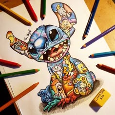 a drawing of a cartoon character surrounded by colored pencils