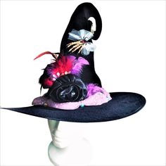 Black Halloween Witchy Hat, Large Brim, Decorated With Multicolor Feathers, Handcrafted Flowers, Bows, Gauze And Beads Hat Band. One Size Fits All. Handcrafted, New, Never Worn. Witchy Costume Hats And Headpieces For Party, Whimsical Black Hats For Themed Events, Whimsical Black Hat For Themed Events, Adjustable Purple Hat For Costume, Adjustable Purple Halloween Hat, Purple Halloween Costume Hat, Purple Costume Hats And Headpieces For Halloween, Purple Hats For Halloween Costume Party, Handmade Purple Party Hat