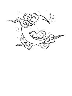 a drawing of the moon with clouds and stars