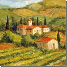 an oil painting of a small village in the hills with trees and bushes on each side