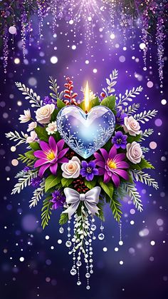 a bouquet of flowers with a candle in the shape of a heart on a blue background