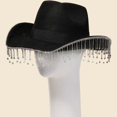 A Gorgeous Unique Must Have Trending Western Hat Has A Beautiful Rhinestone Fringe Western Hat Design. A Stunning Must Have For The Spring Season! This Item Is Sold In Packs Of 1. Adjustable Inner String This Item Is Made With: 90% Polyester 10% Alloy We Include A $1.75 Surcharge On This Item For Flat Rate Shipping Only. Made In China Label Labeled Maroon Hat, Mens Beanie Hats, Rhinestone Fringe, Men's Beanies, Western Hat, J Black, Black Balloons, Army Fashion, Hat Design