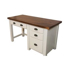 a white desk with two drawers and a wooden top