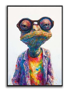 a painting of a frog with sunglasses on it's head and wearing a shirt