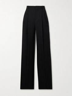 The result of over six decades of proven expertise, SAINT LAURENT's tailoring is always incredibly executed. These pants are made from a wool-blend featuring subtle pinstripes that trace the wide legs. They have a high-rise waist and fall to pooling hems that are left unfinished, so you can alter them to your preferred length. Ysl Pants Women, Ysl Pants, Zara Closet, High Fashion Brands, Saint Laurent Pants, Black Work Pants, Chic Trousers, Saint Laurent Clothes, Designer Pants