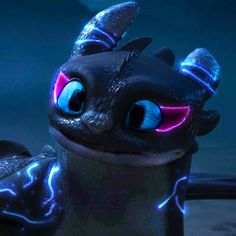 a close up of a toy dragon with glowing blue eyes and purple ears, in front of a dark background