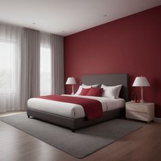 a red and white bedroom with a large bed in the middle, two lamps on either side