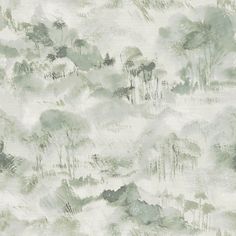 an abstract painting of trees and clouds in grey, white and green colors on a wallpaper background