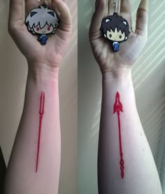 two pictures of someone's arm with red ink on them and an arrow painted on the wrist