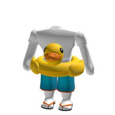 a yellow rubber duck holding a white object in its hands and wearing blue shorts with orange shoes