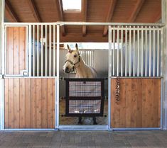 a horse is standing in the stable with its head sticking out from it's stall