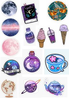 various stickers with different designs and colors on them, including an ice cream cone