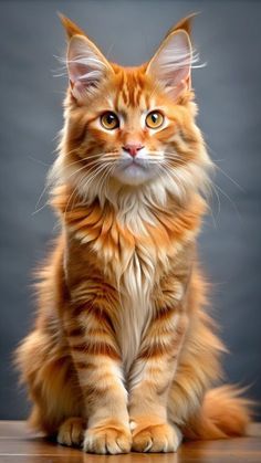 an orange and white cat sitting on top of a wooden table next to a gray wall