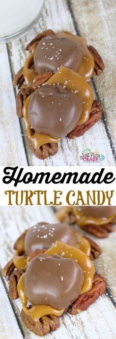 homemade turtle candy with chocolate and caramel on top, sitting on a wooden table