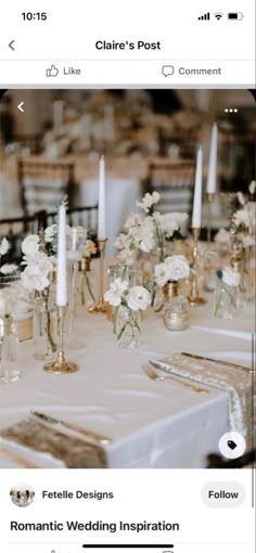 the table is set with white flowers and candles for an elegant wedding reception at chateau's post