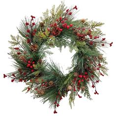 a christmas wreath with red berries and pine cones