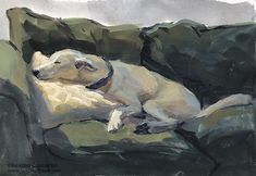 a painting of a dog laying on a couch