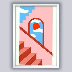 an image of stairs with a red ball in the middle and blue sky above it