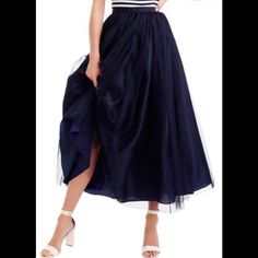 Navy Blue Tulle Ball Skirt, Removable Inner Lining Skirt, Hidden Back Zipper, With Ribbon Waistband. Like New, Never Worn. Chic Evening Tulle Skirt Bottoms, Formal Full Tulle Skirt, Chic Blue Voluminous Skirt, Elegant Blue Tiered Skirt Bottoms, Formal Midi Tulle Skirt, Elegant Blue Tulle Skirt, Navy Flowy Midi Skirt, Relaxed Tulle Skirt For Evening, Chic Formal Tulle Skirt