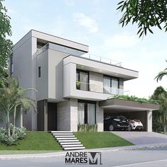 an artist's rendering of a modern house with two cars parked in the driveway