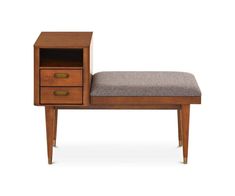 a wooden bench with two drawers and a cushion on the bottom one drawer is open