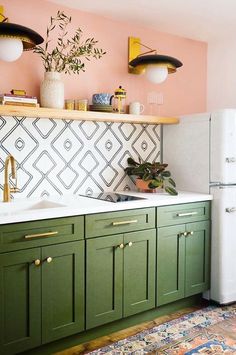 interior design;interior design ideas;kitchen ideas;kitchen decor;kitchen decorating ideas; Big Chill Appliances, Art Deco Kitchen, Green Kitchen Cabinets, Green Cabinets, Room Challenge, Pink Kitchen, Kitchen Color, Green Kitchen, Kitchen Tiles