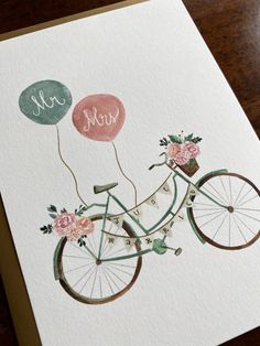 a watercolor painting of a bicycle with two balloons