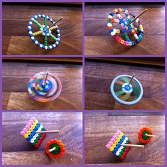 several pictures of different items made out of beads and plastic straws on a table