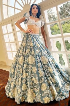 Powder blue attached cancan lehenga featuring hand embroidered flower and vine with glass beads, pearls, sequins. Paired with an embroidered padded blouse with ruffle sleeves. - Aza Fashions Beach Lehenga, Fairy Lehenga, Fitted Lehenga With Lace Work For Designer Wear, Lehnga Designs Indian Weddings Simple, Punjabi Lengha, Modern Lehenga Designs, Dulhan Lehenga, Light Blue Lehenga, Modern Lehenga