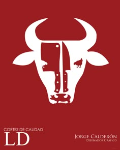 a red and white bull with horns on it's face is shown in the center of this poster