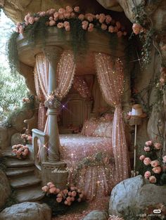 a bed with pink flowers on it in a room that looks like a fairy tale