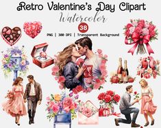 watercolor valentine's day clipart with roses, gifts, hearts and more