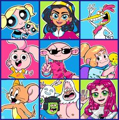 cartoon characters with different facial expressions and hair styles, all in various poses on colorful squares