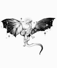 a black and white drawing of a dragon flying through the air with stars around it