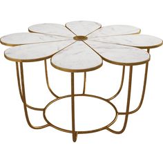 three tables with white marble top and gold metal legs, each topped with a flower design