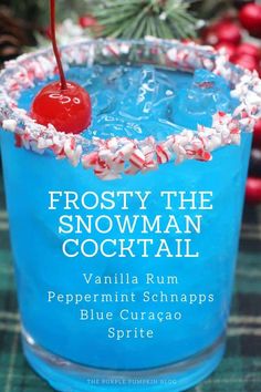 frosty the snowman cocktail with peppermint schnapps and blue curacco spirite